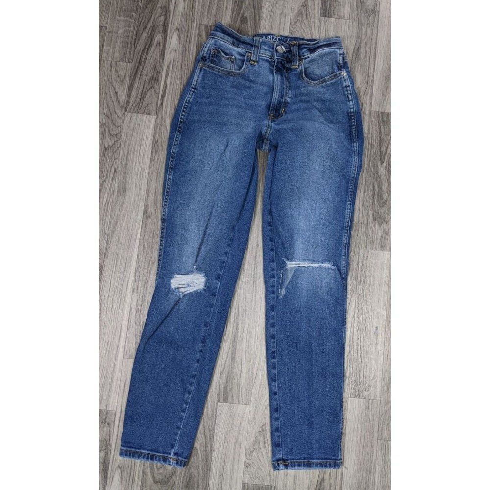 (3/$35) Arizona Jean Co Size 3 Highest Rise Distressed Denim Mom Blue Jeans